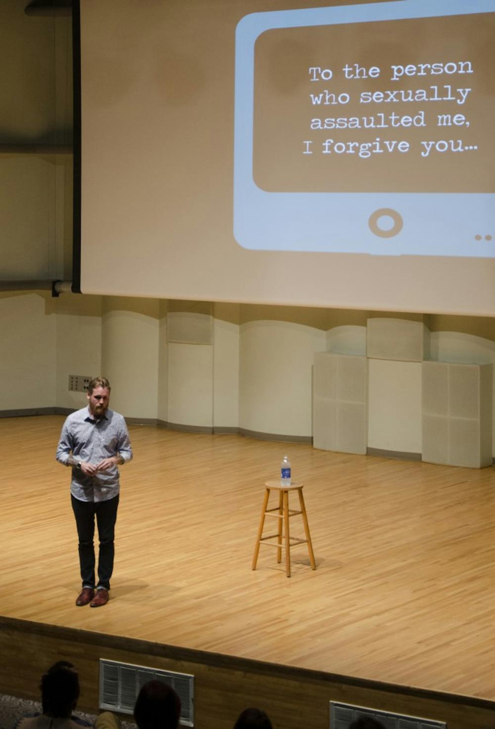 <p>Tim Mousseau, a traveling speaker, shared his experience with sexual assault Aug. 31 at Pruis Hall for the first night of Step In. Speak Up. Every 107 seconds, someone in America is sexually assaulted. <i>DN PHOTO SAMANTHA BRAMMER</i></p>