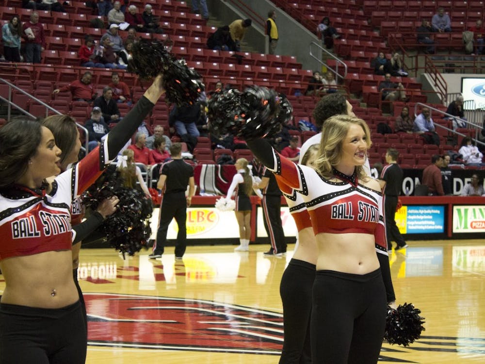 The Ball State Rode Red dance team dance during the game against Buffalo on Feb. 2 at Worthen Arena. DN PHOTO ARIANNA TORRES