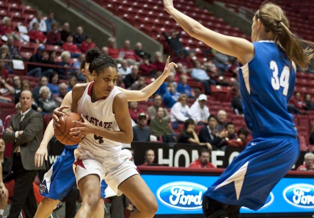 Freshman guard Nathalie Fontaine searches for an opening during the game against IPFW on Nov. 19. Ball State will play at Murray State today. The Cardinals are currently 3-4 for the season. DN FILE PHOTO JONATHAN MIKSANEK
