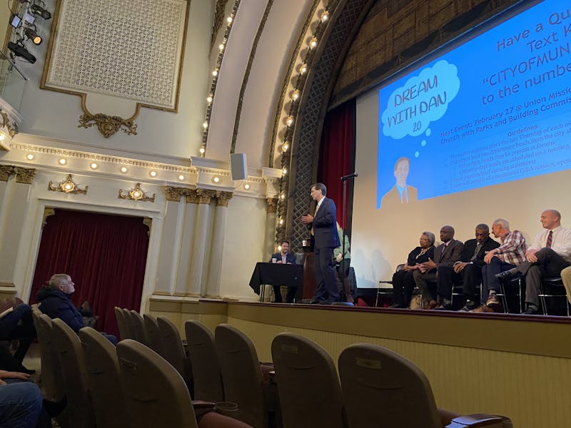 Muncie Mayor Dan Ridenour speaks at his "Dream With Dan 2.0" community forum Jan. 30, 2020, at Muncie Civic Theater. This was the first of many monthly forums the mayor intends on organizing. Hannah Gunnell, DN