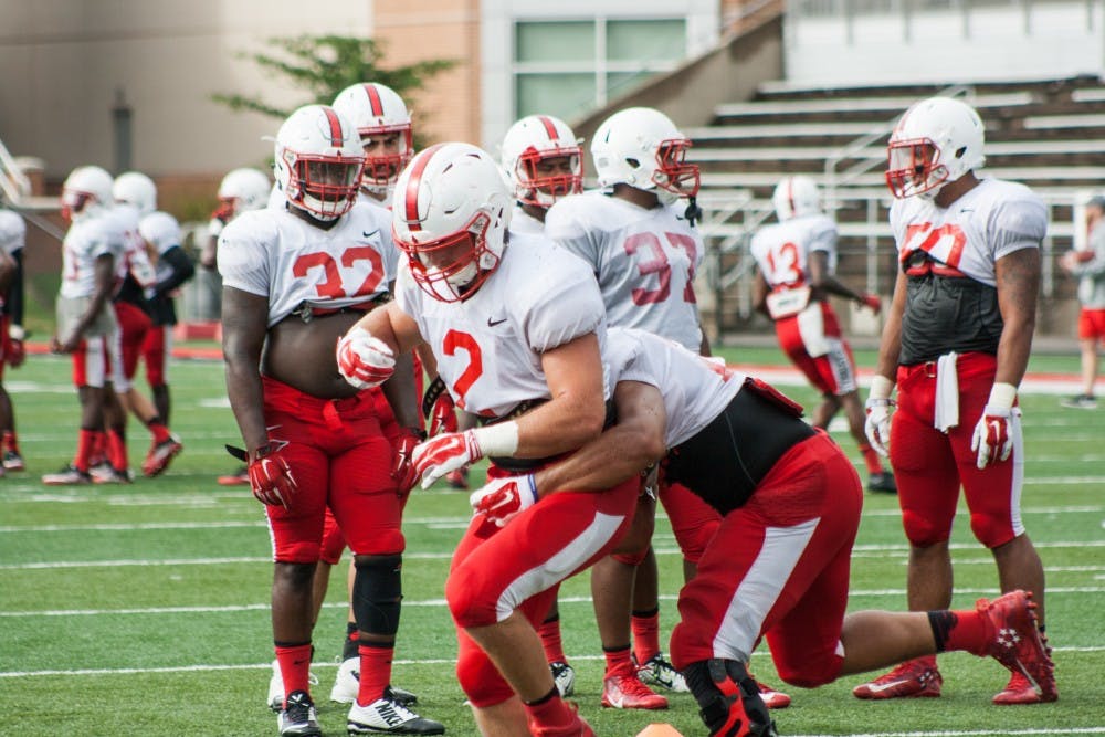Redshirt sophomore linebacker Jacob White practices drills on Aug 22 in Scheumann Stadium.  The Cardinals lost all three of their starters from last season and White is expected to play often. Kaiti Sullivan // DN