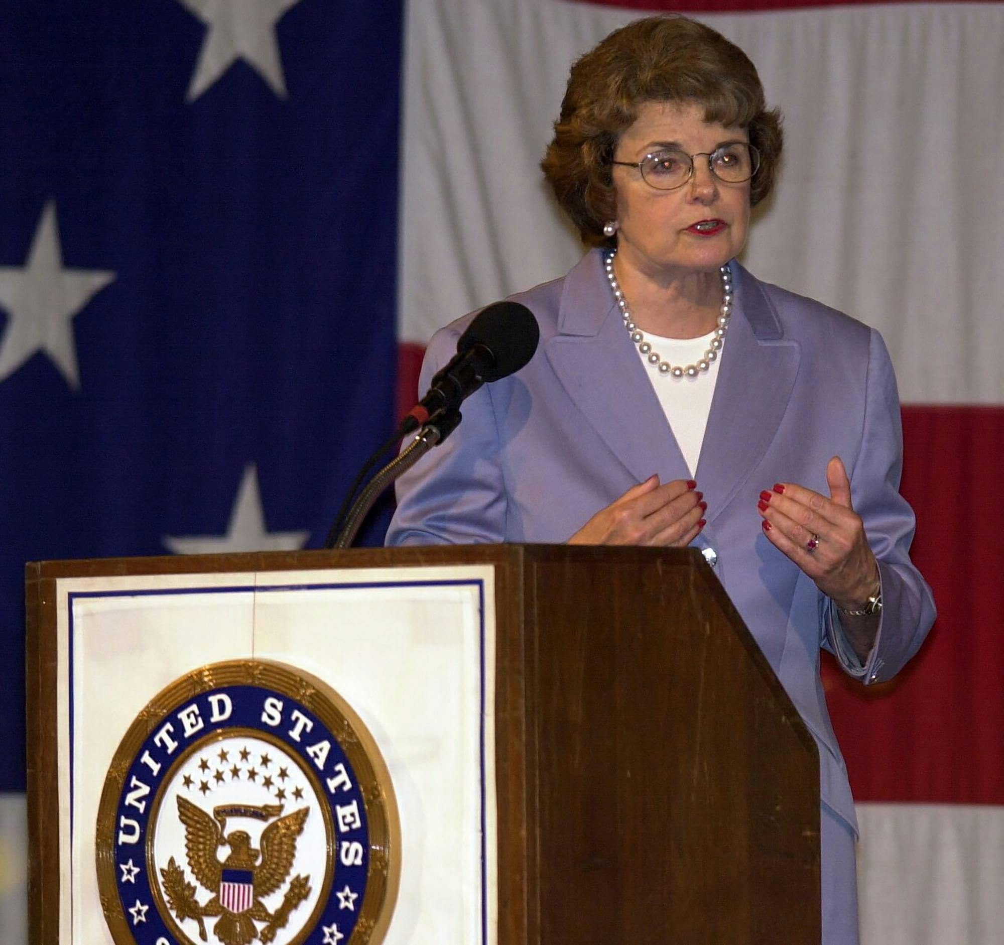 Senator Dianne Feinstein speaking about how she will vote No aganist the recall during a luncheon on the USS Hornet in Alameda sponsored by the Alameda Chamber of Commerce Monday, August 25, 2003. (DAN ROSENSTRAUCH/CONTRA COSTA TIMES)2003 (Credit Image: © DAN ROSENSTRAUCH/dr/ZUMAPRESS.com)