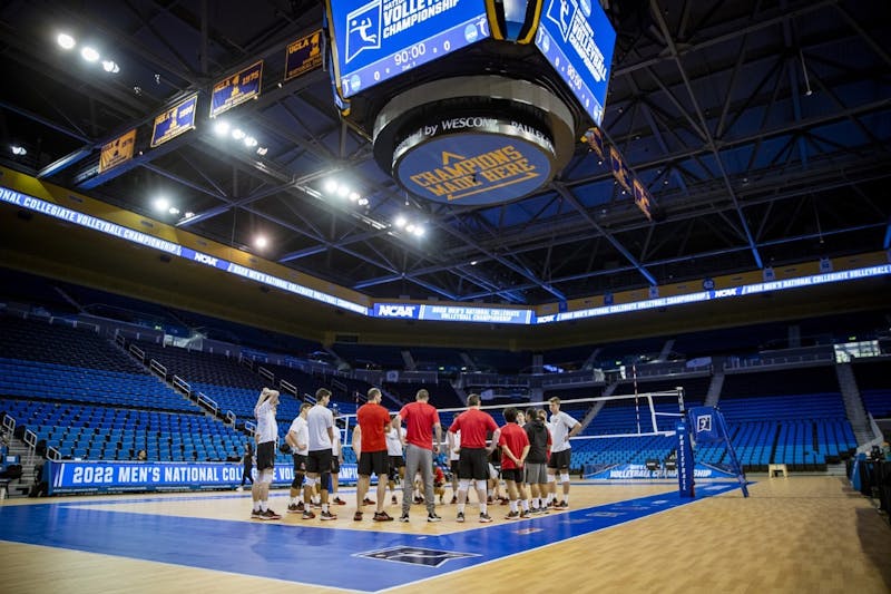 Ball State Men&#x27;s Volleyball in a huddle during practice in Pauley Pavillion May 4. The Cardinals were selected as the No. 2 seed in the NCAA Tournament and will face Hawaii May 5 at 10:30 p.m. ET in the semifinals. Samantha Blankenship, photo provided.