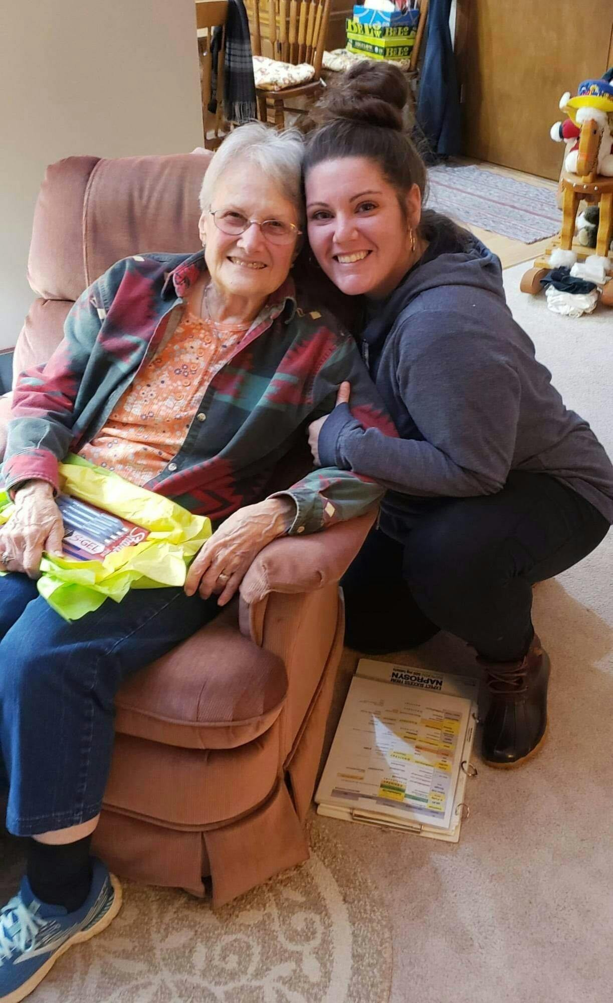 Renne Snyder ﻿(left) and Marlene &quot;Bowz&quot; Skeoch (right) pose for a photo in Muncie, Ind. Dec. 25, 2022. Snyder recently became Skeoch&#x27;s neighbor. Skeoch has lived in the same residence for 50 years. Photo provided by Heath Snyder. 