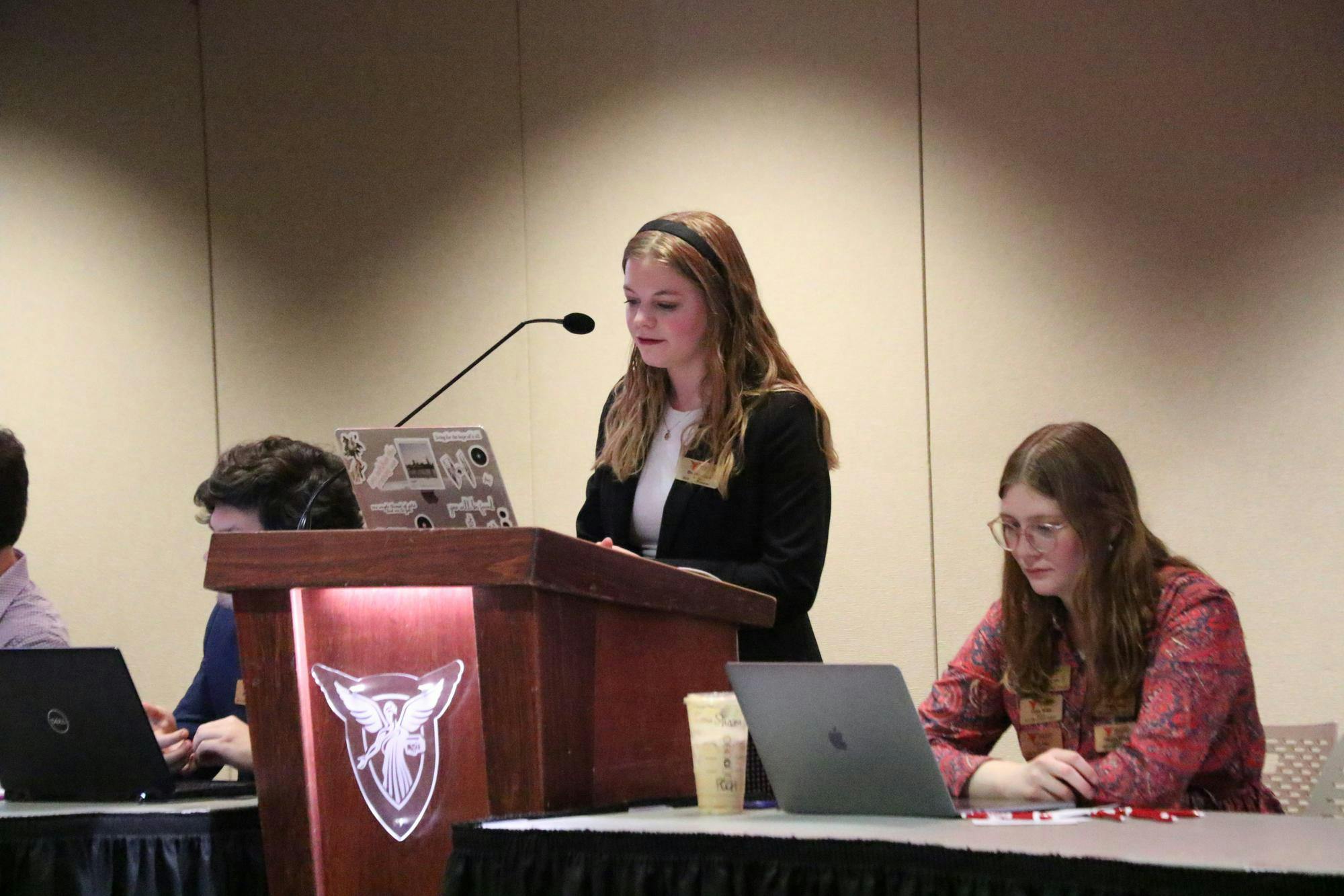 Ball State's Student Government Association (SGA) Vice President Brenna Large informs the senate about the upcoming SGA election dates for the chief administrator, treasurer and president pro tempore positions inside Ball State's L.A. Pittenger Student Center Cardinal Hall A Feb. 26. Large said nominations open as early as March 12. Shelby Anderson, DN
