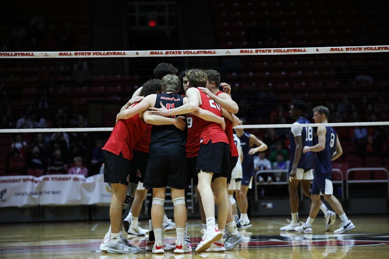 Ball State Men's Volleyball gathers after a play against Penn State Feb. 2 at Worthen Arena. The Cardinals lost 3-0 against the Lions. Mya Cataline, DN