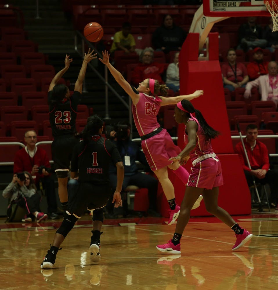 Senior guard Jasmin Samz reaches for the ball during the game against Northern Illinois in John E. Worthen Arena Feb. 9, 2019. Samz scored a career high of 23 points. Scott Fleener, DN