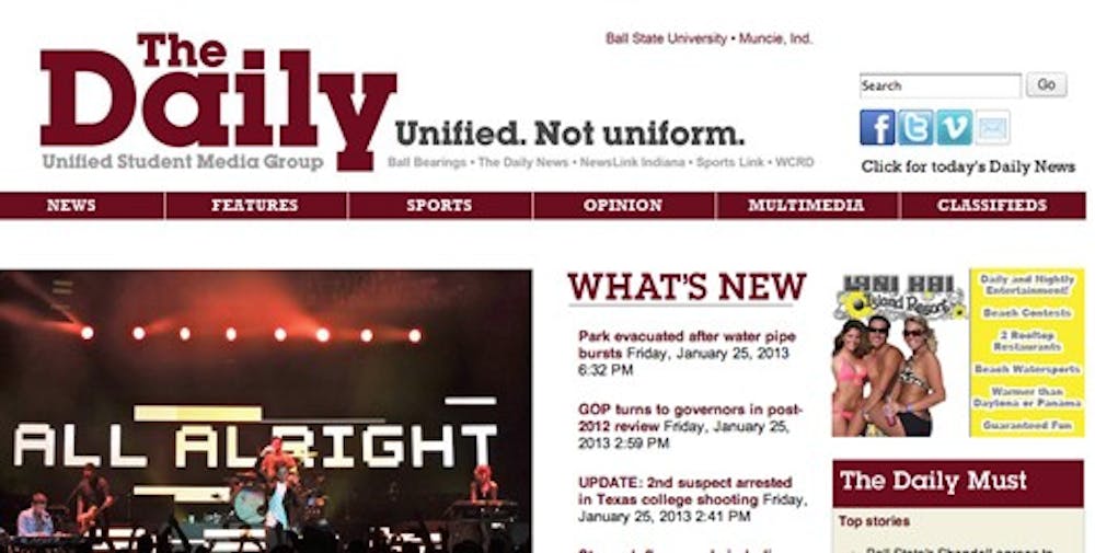 	The former design of bsudaily.com. Ball State Daily is a product of Unified Media, which is comprised of which NewsLink Indiana, Ball Bearings, WCRD 91.3, SportsLink and The Daily News.