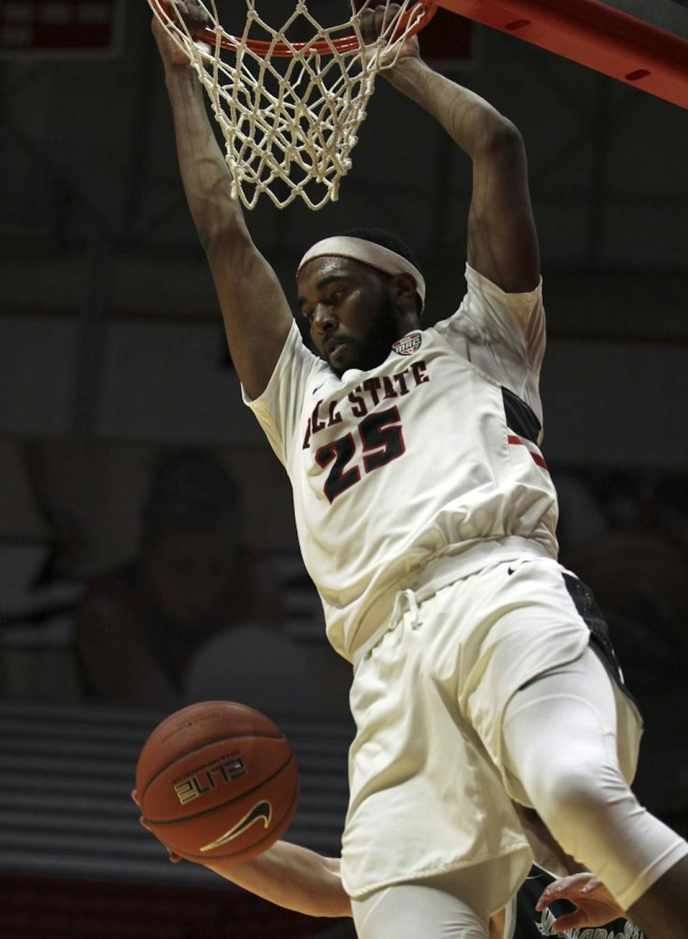 <p>Ball State junior forward Tahjai Teague dunks the ball during the Cardinals' exhibition game against University of Indianapolis Nov. 2, 2018, in John E. Worthen Arena. Teague scored 20 points. <strong>Paige Grider, DN</strong></p>