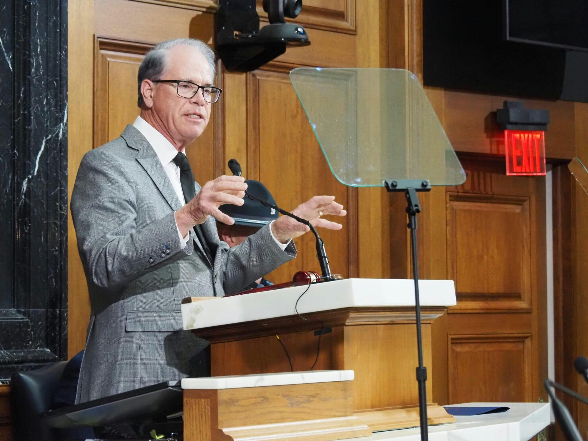 Gov. Mike Braun gives his second State of the State address in the House chamber on Jan. 14, 2026. (Photo by Niki Kelly/Indiana Capital Chronicle)