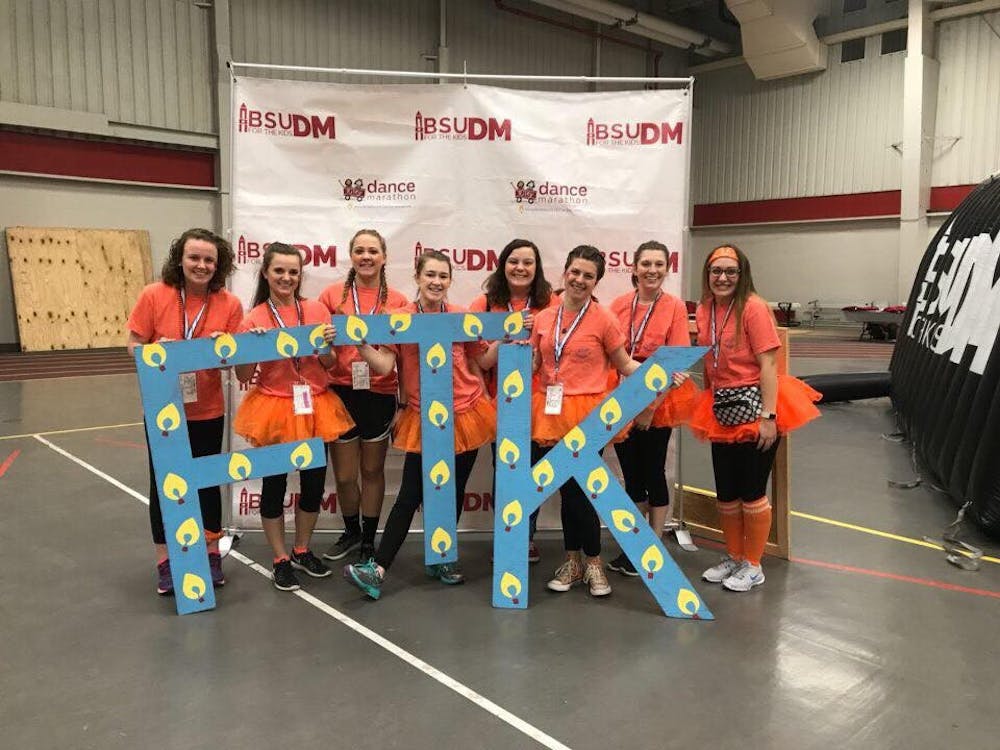 Audrey Bowers joined by other Ball State Riley Dance Marathon participants on Feb. 17. The event lasted for 13.1 hours in the Field and Sports Building. Photo provided