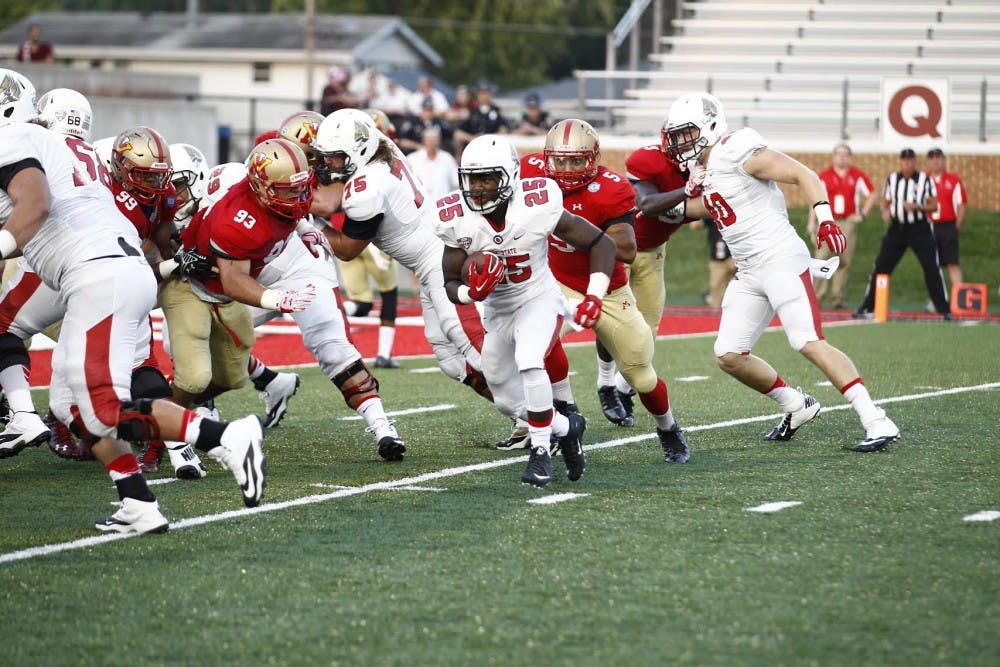 <p>Sophomore Darian Green runs the ball inside the red zone against Virginia Military Institute on Sept. 3. Green and center Jacob Richard have contributed to an efficient offense for the Cardinals this season. <em>PHOTO PROVIDED BY BSU PHOTO SERVICES</em></p>