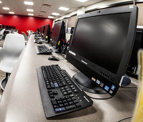 Computers line tables in the Robert Bell inQsit testing lab during the start of the Fall Semester. Ball State has done away with the lab scheduling making all labs walk-in testing. DN PHOTO JONATHAN MIKSANEK