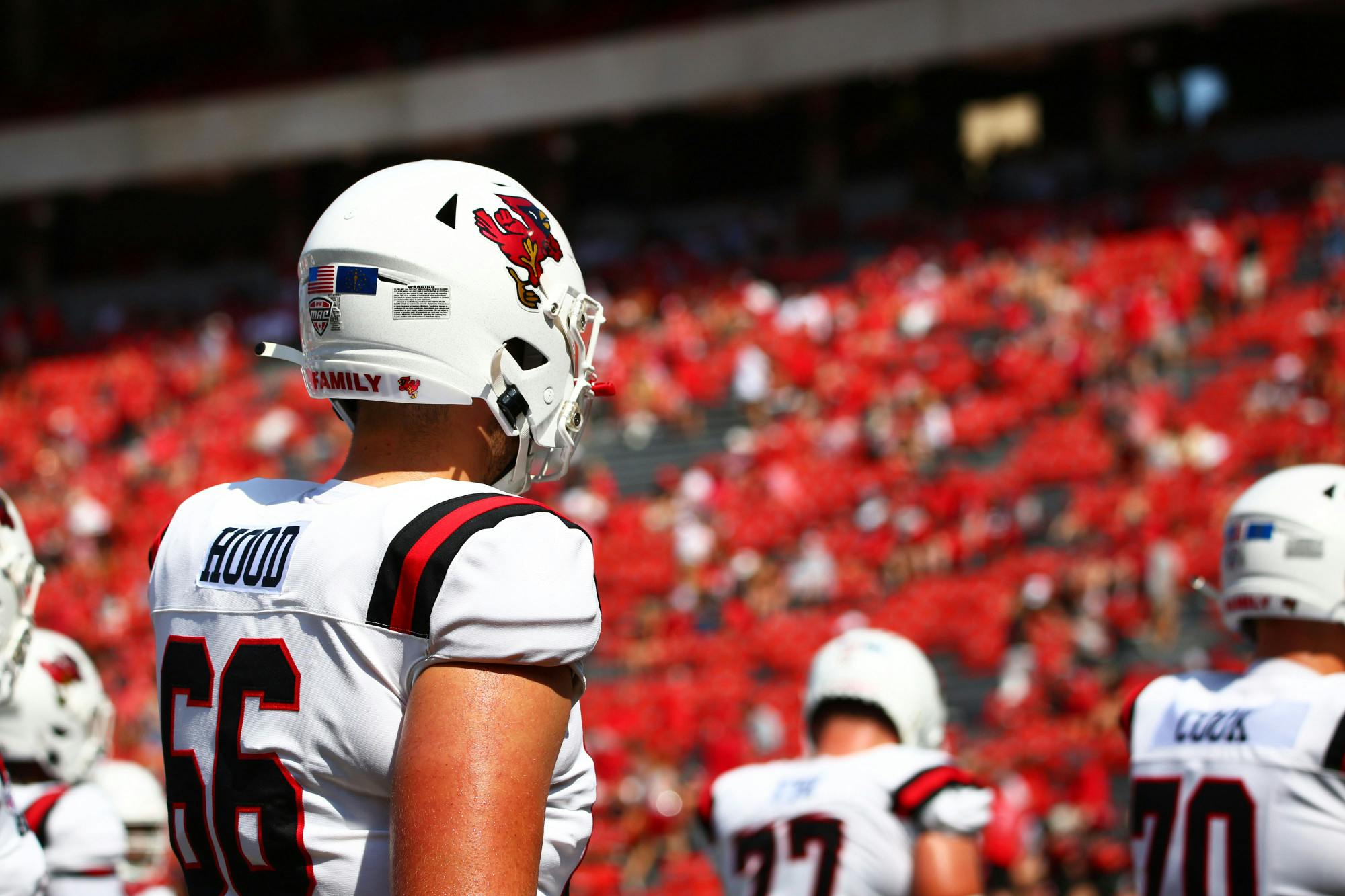 Redshirt freshman offensive lineman Chris Hood standing in the endzone for pregame warmups Sept. 9 at Sanford Stadium in Athens, Ga. Mya Cataline, DN