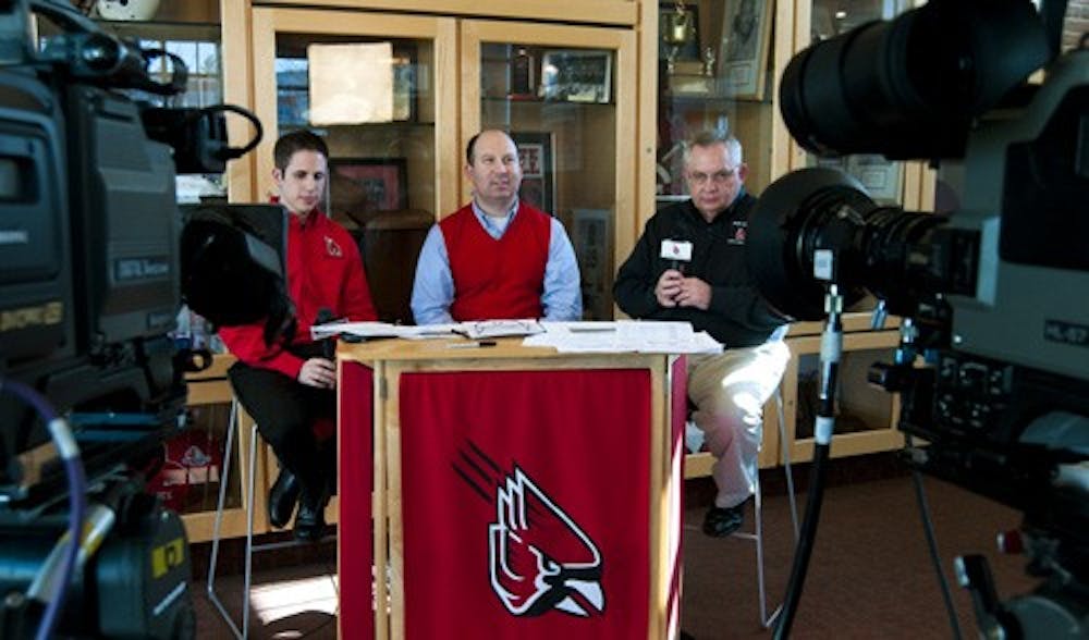 Head Coach Pete Lembo prepares to be interviewed by SportLink during their live coverage of signing day on Feb. 6, 2012. The football team recieved 21 letters of intent, signing all recruits they believed they would get. DN PHOTO BOBBY ELLIS