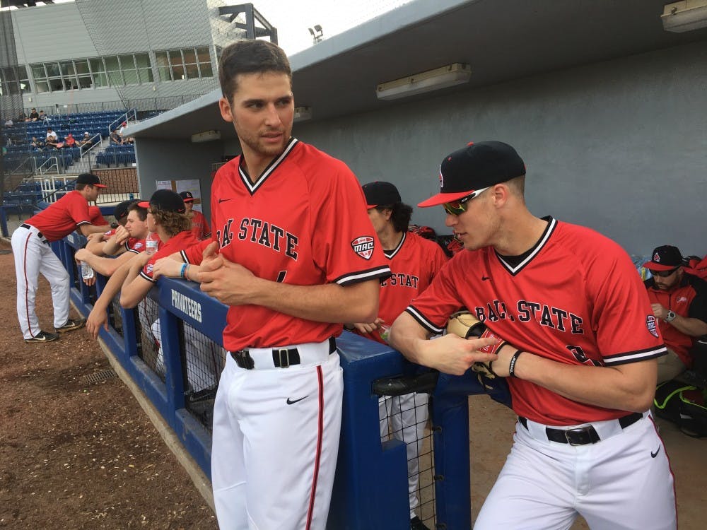 Senior outfielders Jeff Riedel and Colin Brockhouse prepare for a game in the dugout at Maestri Field in New Orleans. Ball State baseball went 1-2 on the weekend in the Allstate Sugar Bowl Baseball Classic Feb. 23-24. Josh Shelton, DN