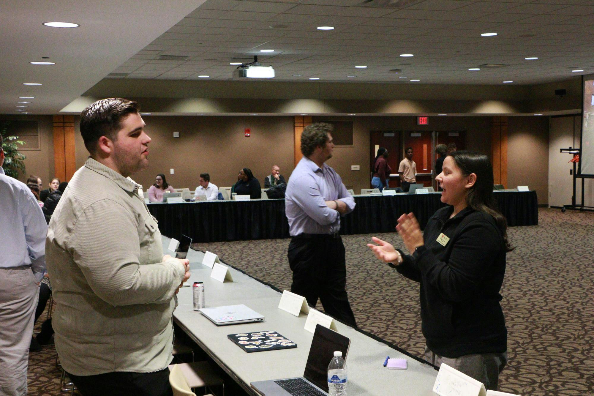 Chief Administrator, Philena Evett speaks to a Senator during the weekly meeting Oct. 22 in the L.A. Pittenger Student Center. Landon Jones,DN