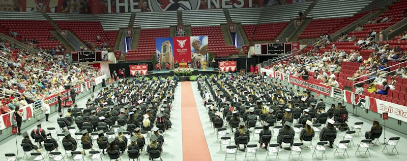 Graduates from the R. Wayne Estopinal College of Architecture and Planning, College of Fine Arts, College of Sciences and Humanities and Teachers College listen to Ball State President Geoffrey Mearns speak in Worthen Arena July 24, 2021. The summer 2021 commencement ceremony was Ball State&#x27;s first indoor ceremony of the year and fully vaccinated graduates and guests were not required to wear face masks. Grace McCormick, DN