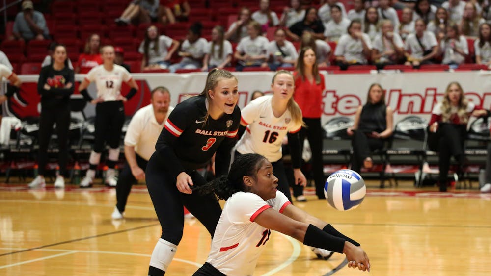Redshirt freshman middle blocker Aniya Kennedy hits the ball against Central Michigan Sept. 22 at Worthen Arena. Kennedy had one dig in the game. Mya Cataline, DN