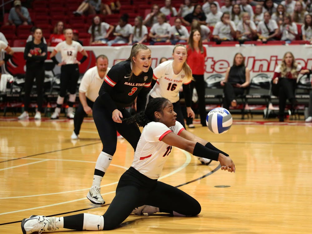 Redshirt freshman middle blocker Aniya Kennedy hits the ball against Central Michigan Sept. 22 at Worthen Arena. Kennedy had one dig in the game. Mya Cataline, DN