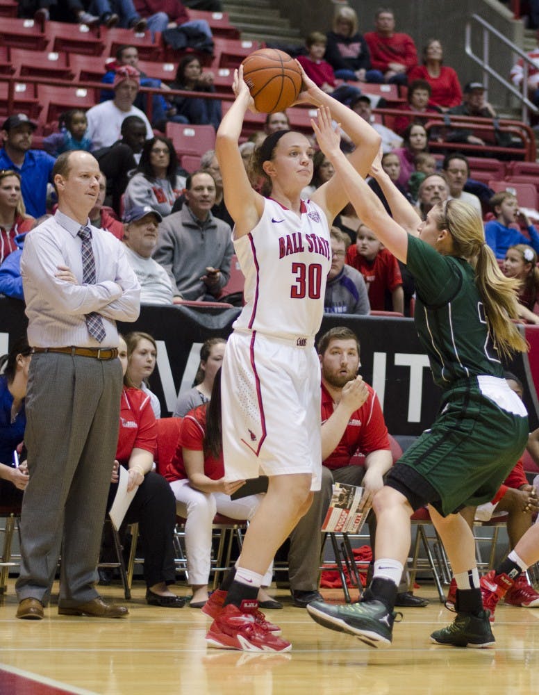 Sophomore forward Shelby Merder looks for an open teammate during the game against Ohio on Jan. 24 at Worthen Arena. DN PHOTO BREANNA DAUGHERTY