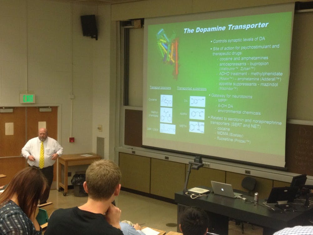 <p>Dr. James Foster of the School of Medicine and Health Sciences of the University of North Dakota, talked to audience members about anxiety disorders. They are one of the most common mental health problems on college campuses, caused by dopamine. <em>DN PHOTO ALLIE KIRKMAN</em></p>