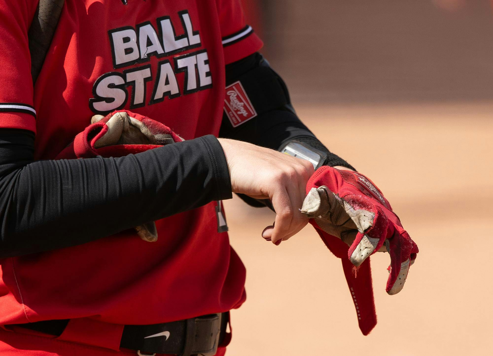 Sophomore Maia Pietrzak puts on her batting gloves in preparation for hitting against Buffalo April 26 at Ball State Softball Stadium. Andrew Berger, DN 