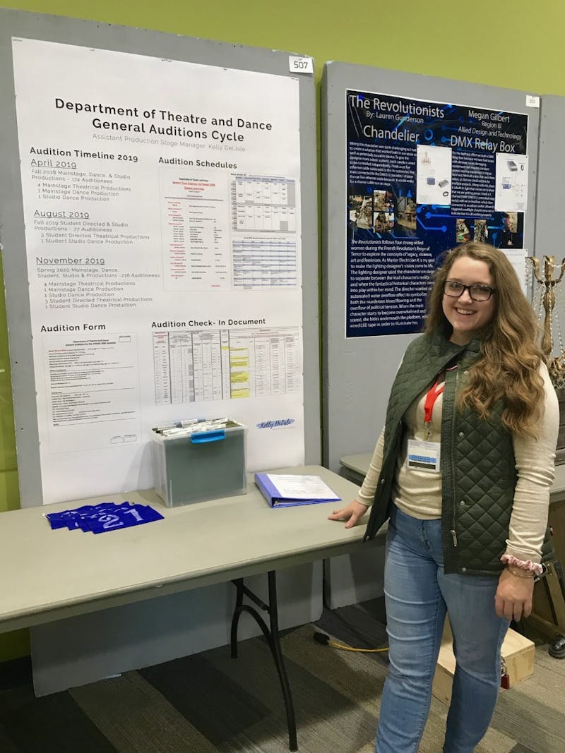 Senior stage management major Kelly DeLisle stands in front of her presentation at the Regional Kennedy Center American Theatre Festival. DeLisle won the award for Most Outstanding Stage Manager at the competition. Kelly DeLisle, Photo Provided