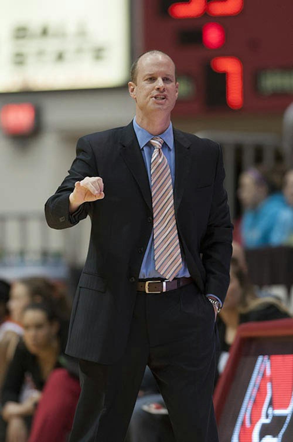 Head Coach Brady Sallee shouts onto the court during the game against Ohio. DN PHOTO JONATHAN MIKSANEK