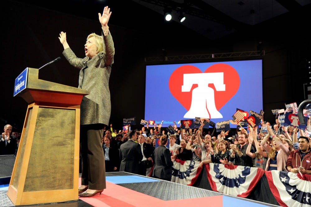 Democratic presidential candidate Hillary Clinton onstage at her victory party inside the Pennsylvania Convention Center after winning the state's primary on Tuesday, April 26, 2016. (Tom Gralish/Philadelphia Inquirer/TNS)