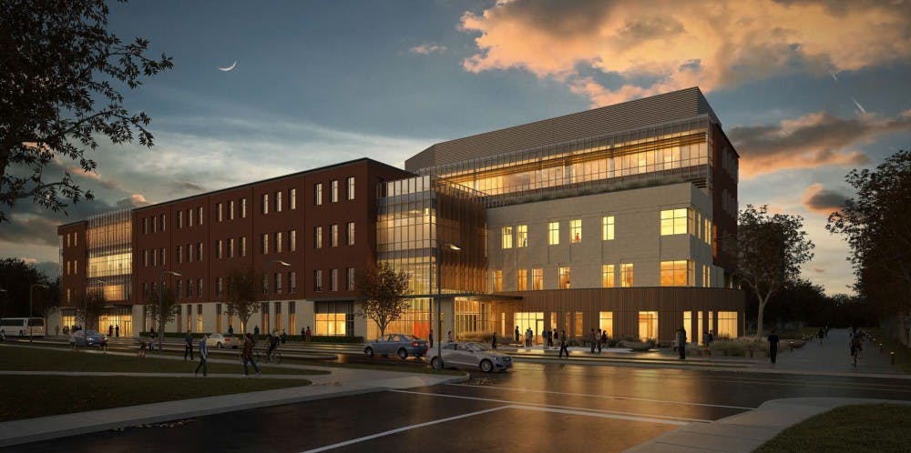 Shown above is a rendering of the new health professions building at night.&nbsp;The Board of Trustees announced the construction of the new health building on the corner of Riverside and Martin on Dec. 16.&nbsp;The 167,000 square-foot building will cost $62.5 million and will house the college of health, a clinic, spaces for classrooms, program spaces and an outdoor quad.&nbsp;Joan Todd&nbsp;// Photo Provided