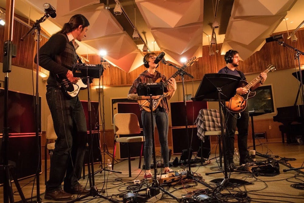 <p>The band Elliot Bigger records a song for Records for a Reason Volume 1: Second Helpings. The album is the first created by Beneficence Records, which is run by a new immersive learning class at Ball State. <strong>Maxwell Denari, Photo Provided</strong></p>