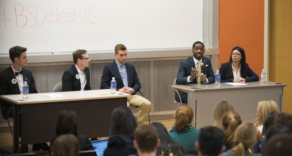 The Student Government Association election season kicked off on Feb. 16 with the Nomination Convention. On Feb. 22, Teachers College room 121 played host to the President nominee&nbsp;and Vice Presidential nominee debate, the first debate of the election season. DN PHOTO BREANNA DAUGHERTY