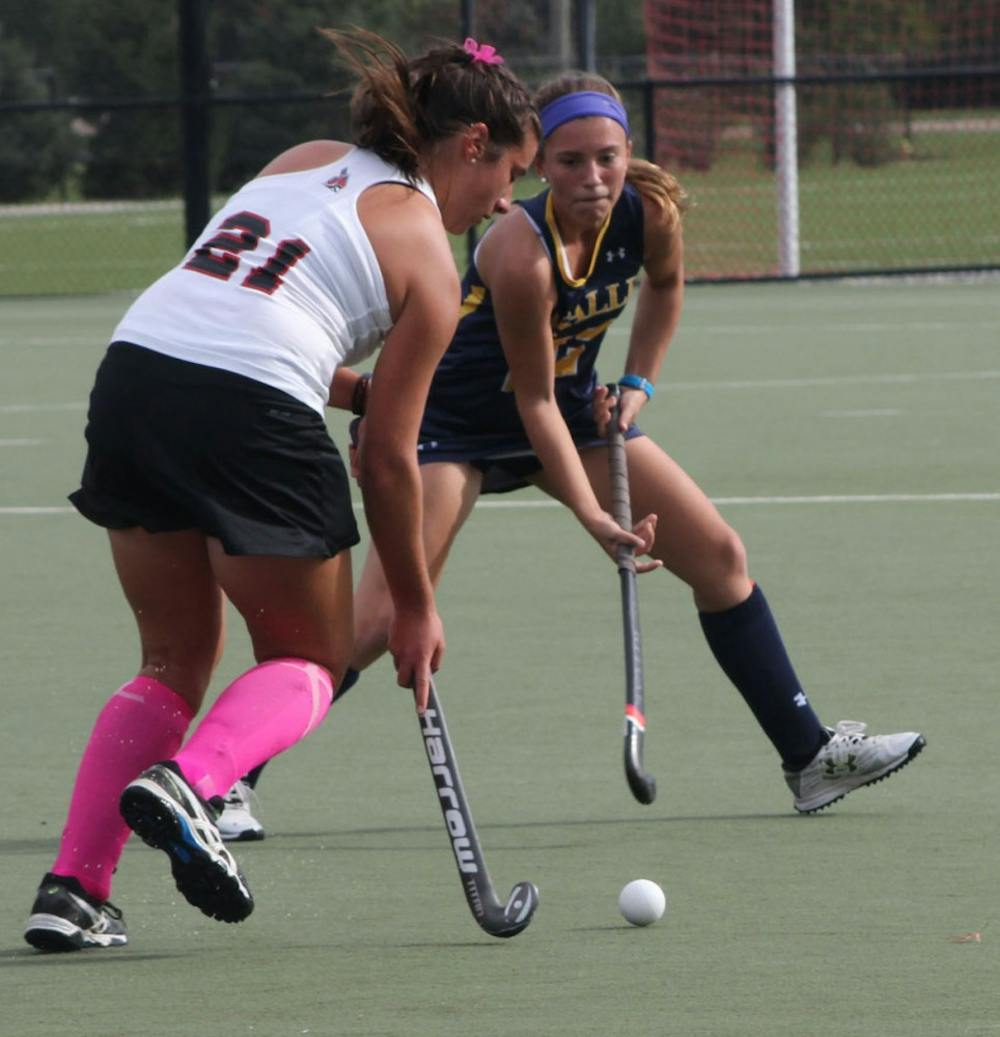 Sophomore midfielder Anya Eicher tries to get the ball around a La Salle defender on Oct. 16 at Briner Sports Complex.  Anya has played in all games, thus far.  DN // Patrick Murphy