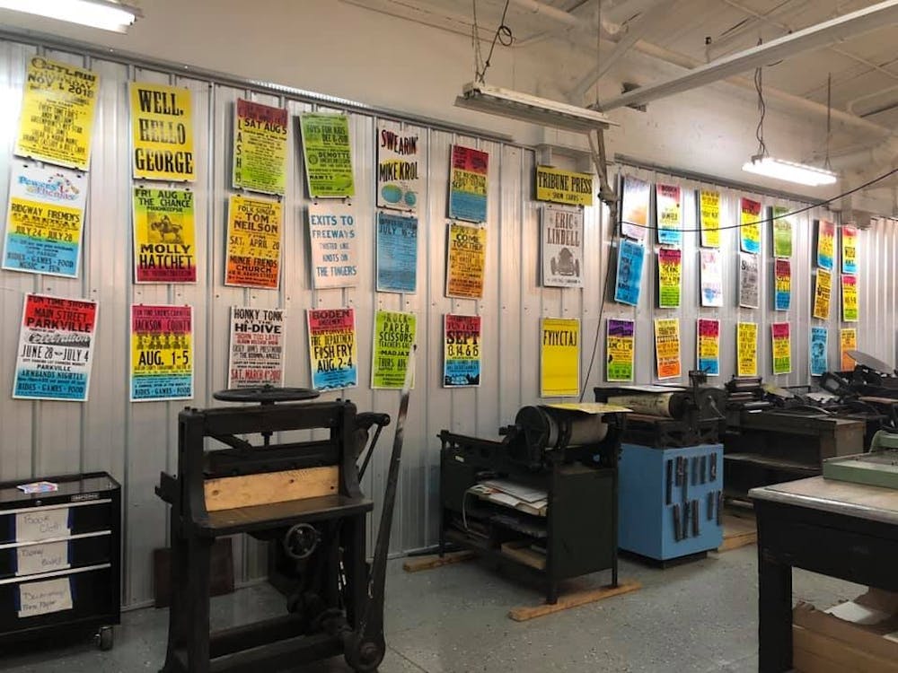 <p>Posters from Tribune Showprint are displayed April 8, 2019, in Book Arts Collaborative. Additional posters will made to be sold at Interrobang, a regional Book Arts festival, Friday, April 12 and Saturday, April 13. <strong>Book Arts Collaborative, Photo Provided.&nbsp;</strong></p>
