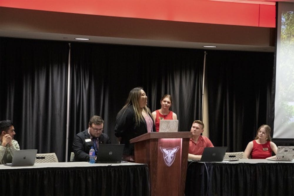 Ball State University Student Government Association (SGA) President Tina Nguyen gives her last report in the last legislative meeting of the year April 12 in the L.A. Pittenger Student Center. Nguyen has been the SGA president during the 2021-22 and 2022-23 academic years. Elijah Poe, DN