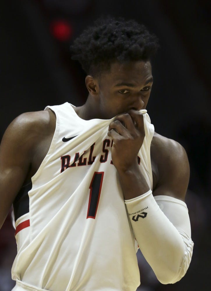 Ball State redshirt junior guard K.J. Walton wipes the sweat off his face while at the free throw line during the Cardinals' game against Miami University Jan. 22, 2019 in John E. Worthen Arena. Walton went 4 for 5 from the line. Paige Grider, DN