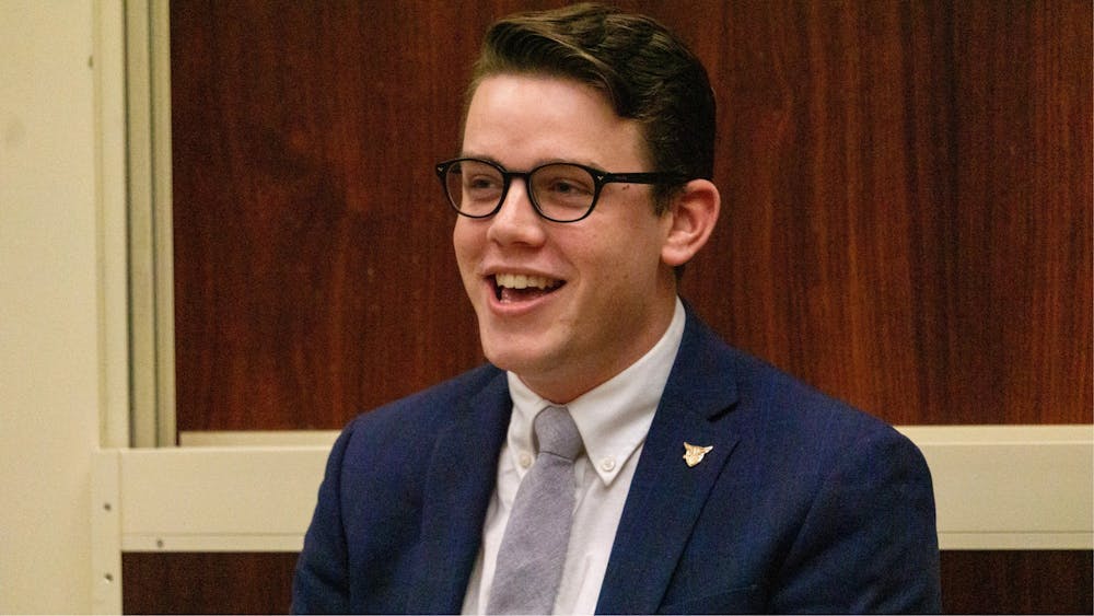 <p>SGA president Connor Sanburn introduces himself and his slate during the final SGA debate Feb. 20, 2020, at the Arts and Journalism Building. Sanburn presented his first "State of the Senate" address Sept. 30, 2020 over Zoom. <strong>John Lynch, DN</strong></p>