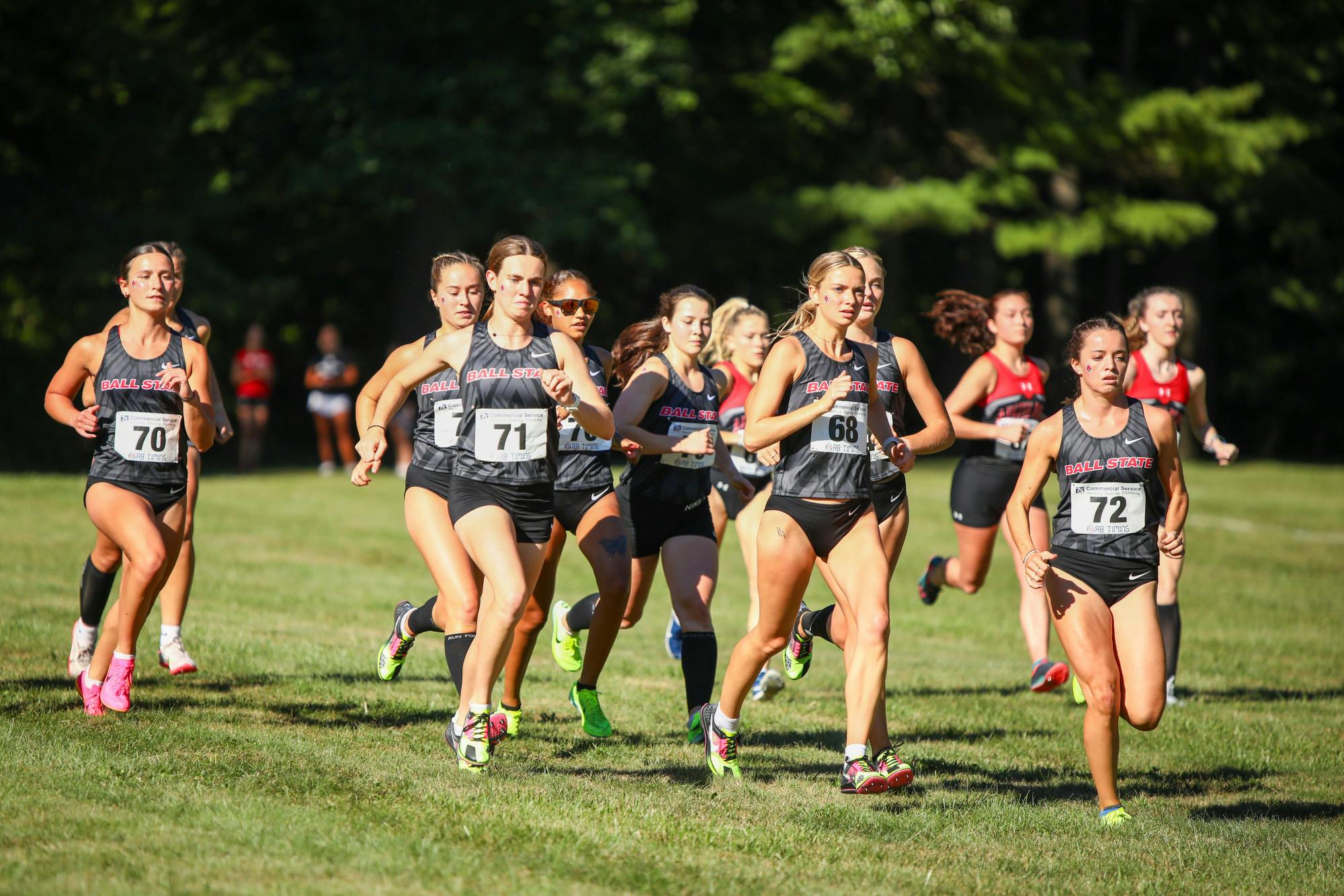 Cardinal runners start the 5k race of the We Fly Ball State Invitational Sept. 1, 2023. Ball State defeated Lindenwood and Austin Peay in the 5k women’s race. Daniel Kehn, DN
