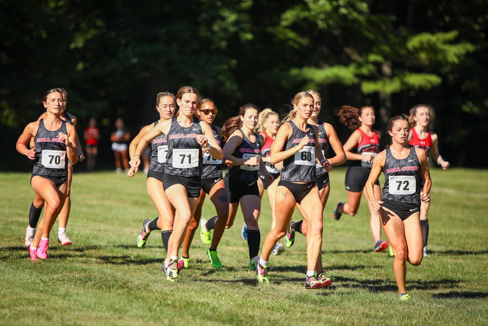 Cardinal runners start the 5k race of the We Fly Ball State Invitational Sept. 1. Ball State defeated Lindenwood and Austin Peay in the 5k women’s race. Daniel Kehn, DN