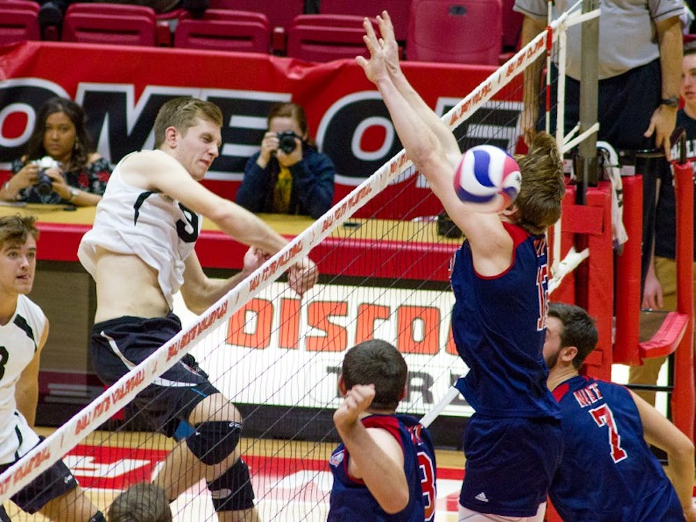 BSU Sophomore Parker Swartz sends a kill past the wall of NJIT. Swartz' hitting percentage of .800 helped the Cardinals in their 3-1 win over NJIT on January 27th in Worthen Arena.