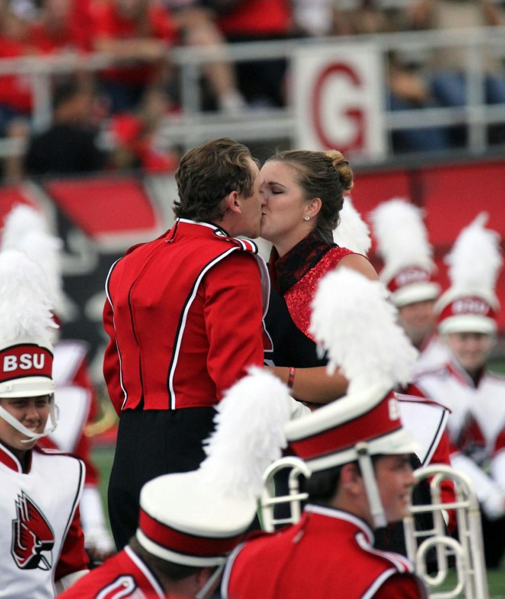Senior music education major Jacob Sleek proposes senior exercise science major Shelby Fortlander during halftime of the Cardinals’ game against Tennessee Tech on Sept. 16 at Scheumann Stadium. Ball State won 28-13 on family weekend. Paige Grider, DN