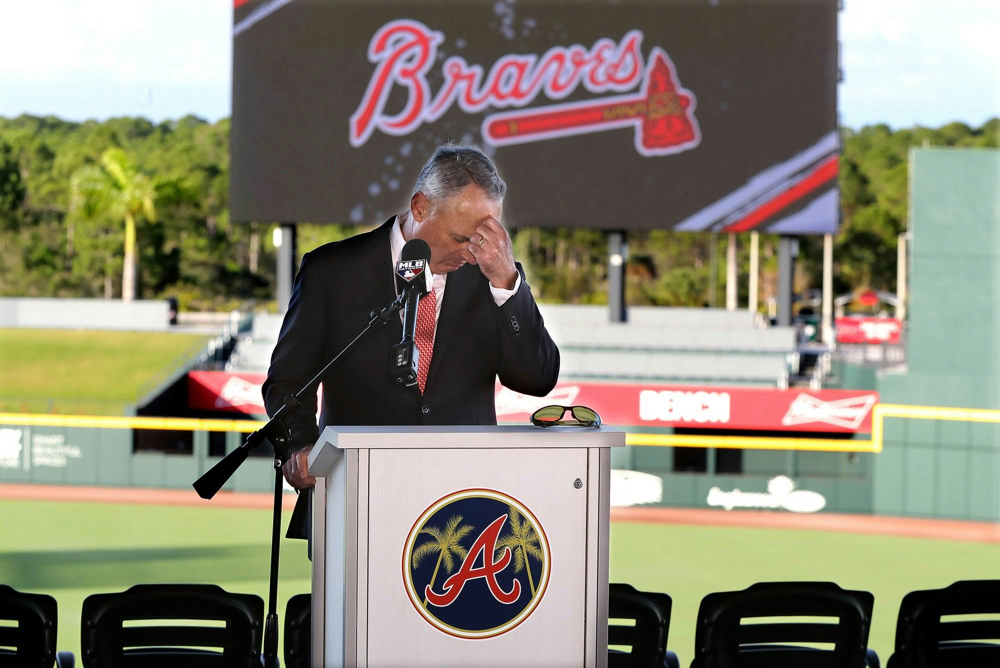 Major League Baseball Commissioner Rob Manfred pauses before answering a question about the Houston Astros while holding his press conference during the "Florida Governor's Dinner" kicking off spring training at the Atlanta Braves CoolToday Park on Sunday, Feb. 16, 2020, in North Port, Fla. (Curtis Compton/Atlanta Journal-Constitution/TNS)