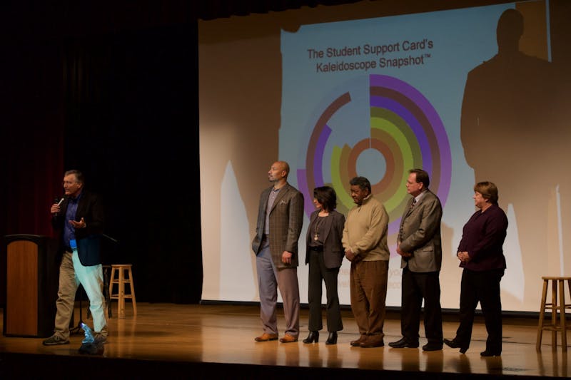 Institute for Community and Adolescent Resiliency Founder Derek Peterson introduces the Web of Support initiative with members of the Muncie Action Plan board at the Muncie Community Schools meeting on Jan. 28, 2020, at Muncie Central High School. Peterson says implementing his program will have immediate positive effects on the community on a personal and social level. John Lynch, DN