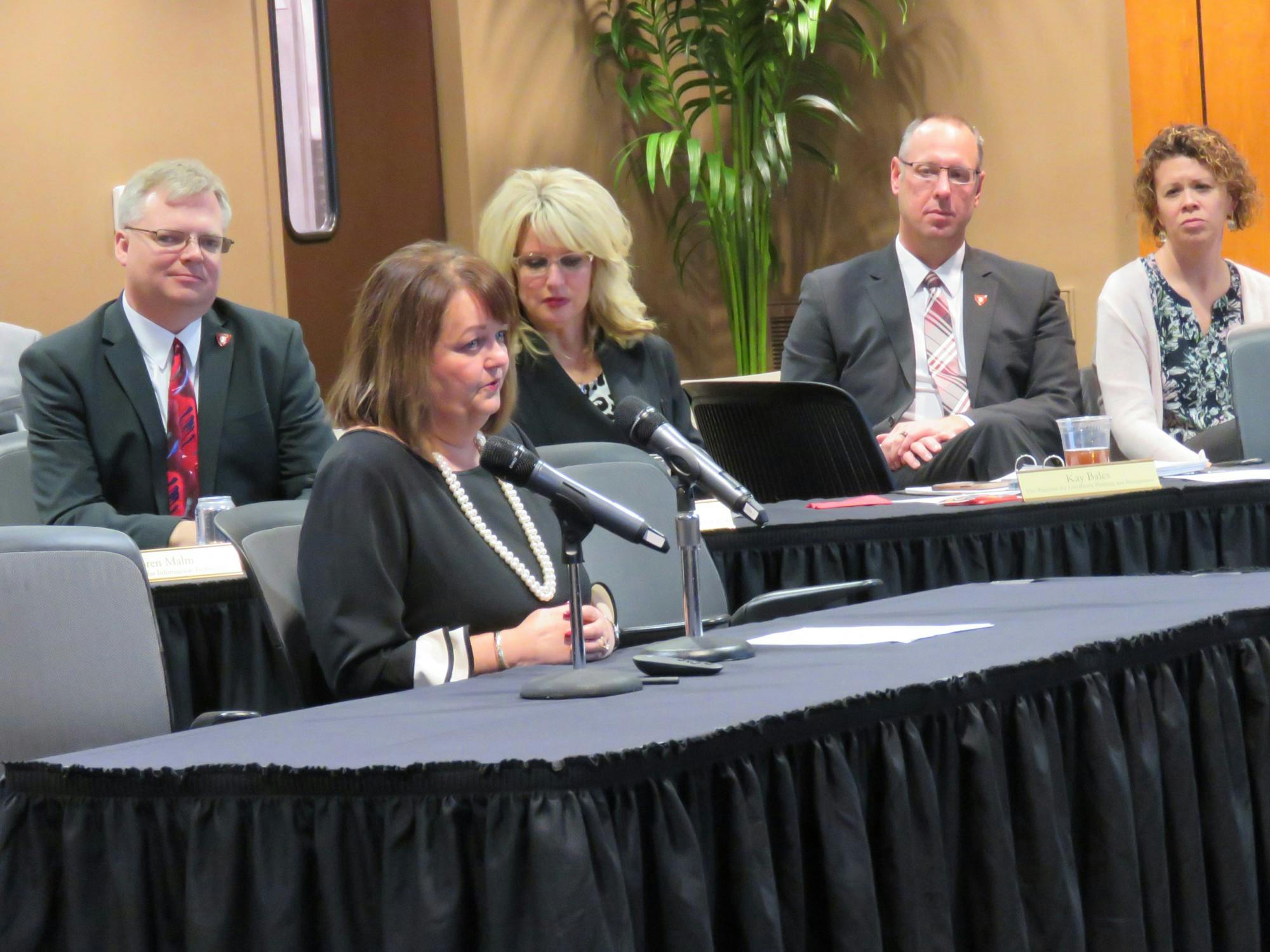 Kay Bales, outgoing vice president for enrollment planning and management, speaks Dec. 13, 2019, at Ball State's Board of Trustees meeting in L.A. Pittenger Student Center. The board named a program after her — the Dr. Kay Bales Excellence in Leadership Program. Rohith Rao, DN
