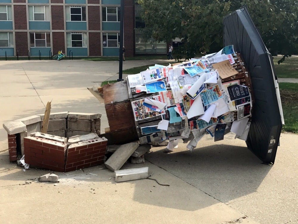 <p>The kiosk between Bracken Library and the Noyer Complex is no longer present. It was knocked down by a delivery truck Sept. 27. <strong>Konnor Miller, Unified Media</strong></p>
