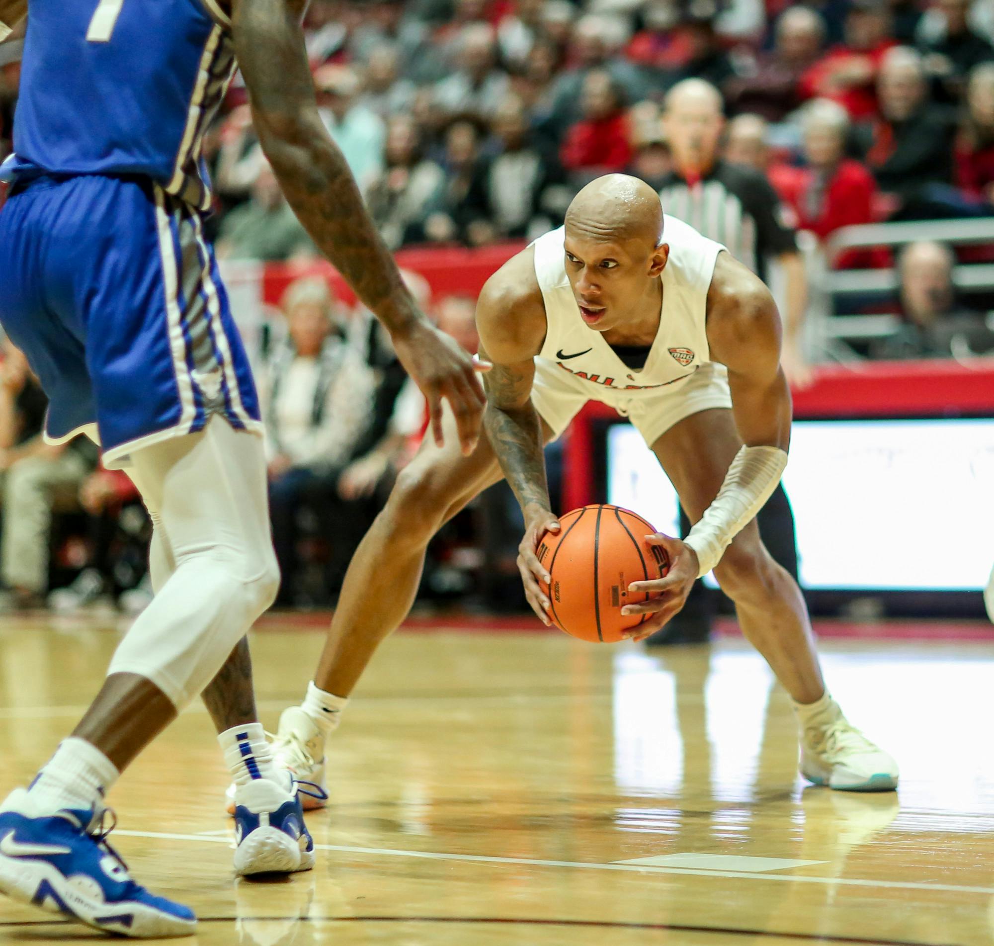 Redshirt sophomore foward Mickey Pearson Jr. contemplates his next move during a game against Buffalo Jan. 24 at Worthen Arena. The Cardinals fell to the Bulls 65-91. Katelyn Howell, DN