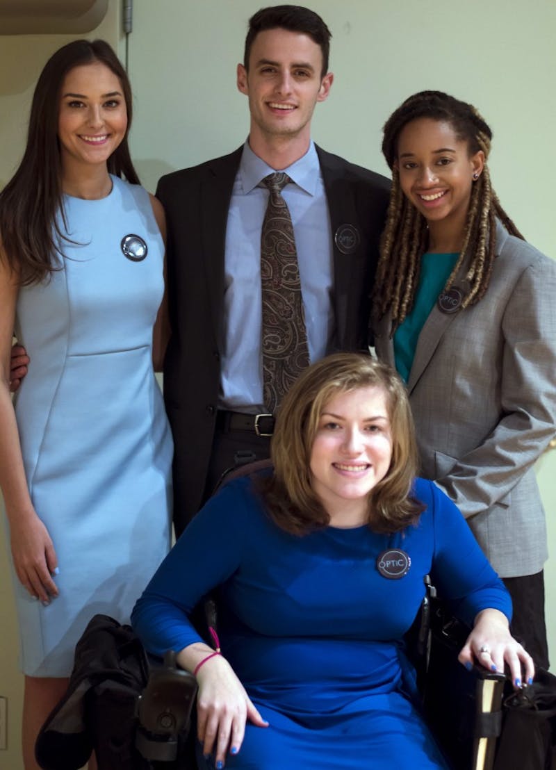 Juniors Katy Volikas, Greg Carbo, Kaia Thompson and Lizzie Ford are running for 2017-18 SGA executive board. Their slate, OPTiC, participated in the All Slate Debate on Feb. 20 in John J. Pruis Hall. Teri Lightning Jr., DN