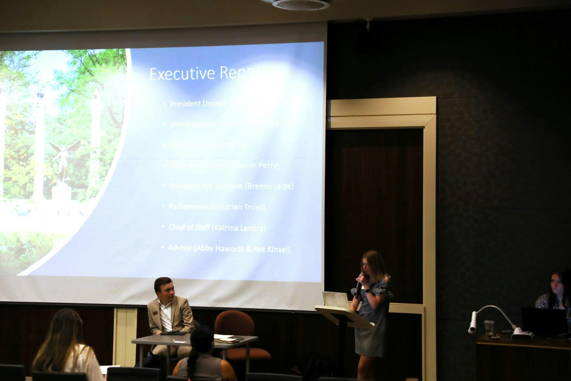 Student Government Association (SGA) Vice President Monet Lindstrand gives her executive report in the Art and Journalism Building Lecture Hall 175 on Sept. 20.