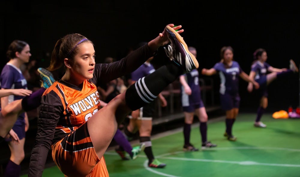 Ingrid Schwartz, a sophomore musical theater major, performs as #00 during a rehearsal of “The Wolves” Sept. 4 at Strother Studio Theatre. Students from the Ball State University theater programs will perform the opening show 7:30 p.m. Sept. 6 in Strother Studio Theatre. Kyle Crawford, Byte